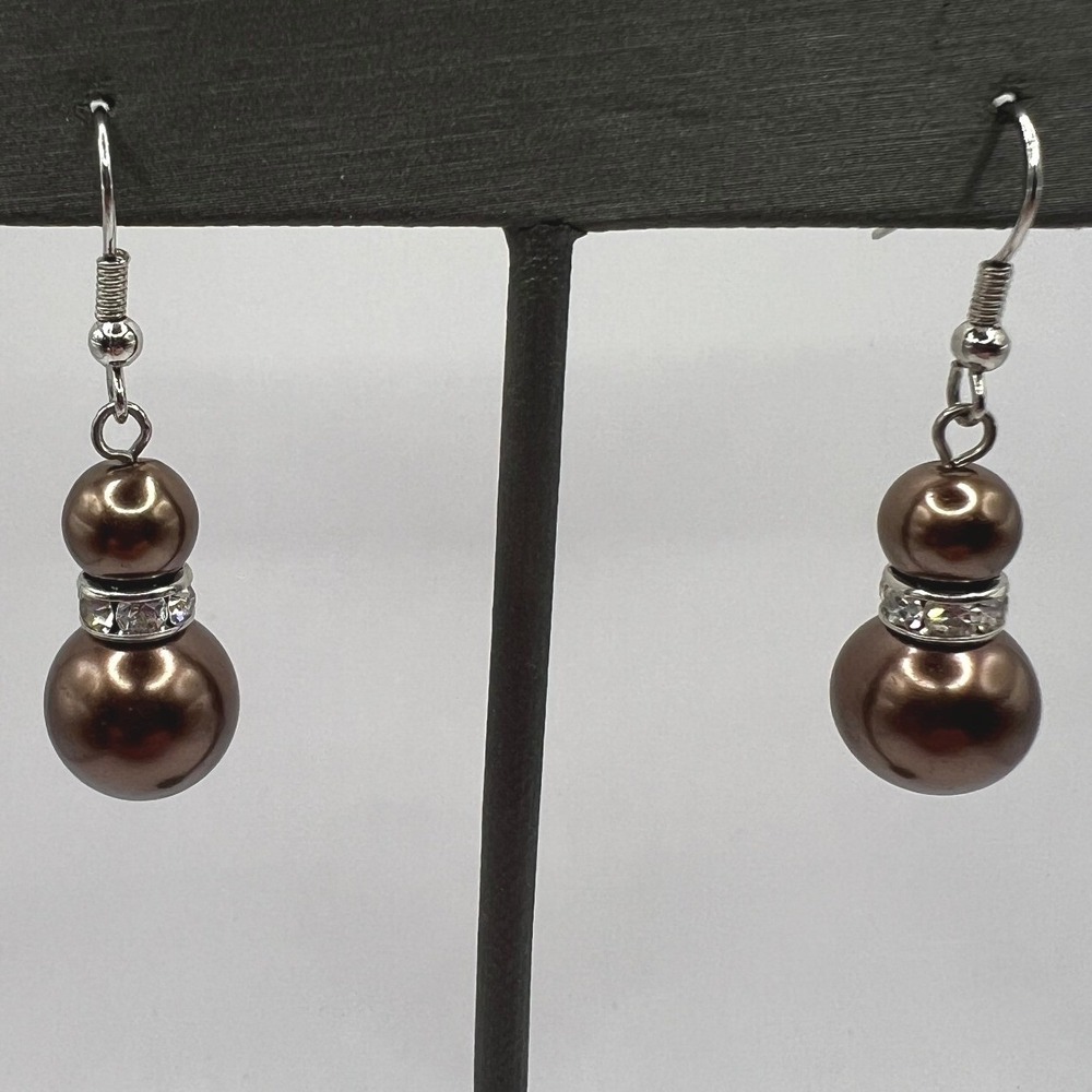 Faux Brown Pearl Earrings Dangle Drop Crystal Accent Silver‎ Tone